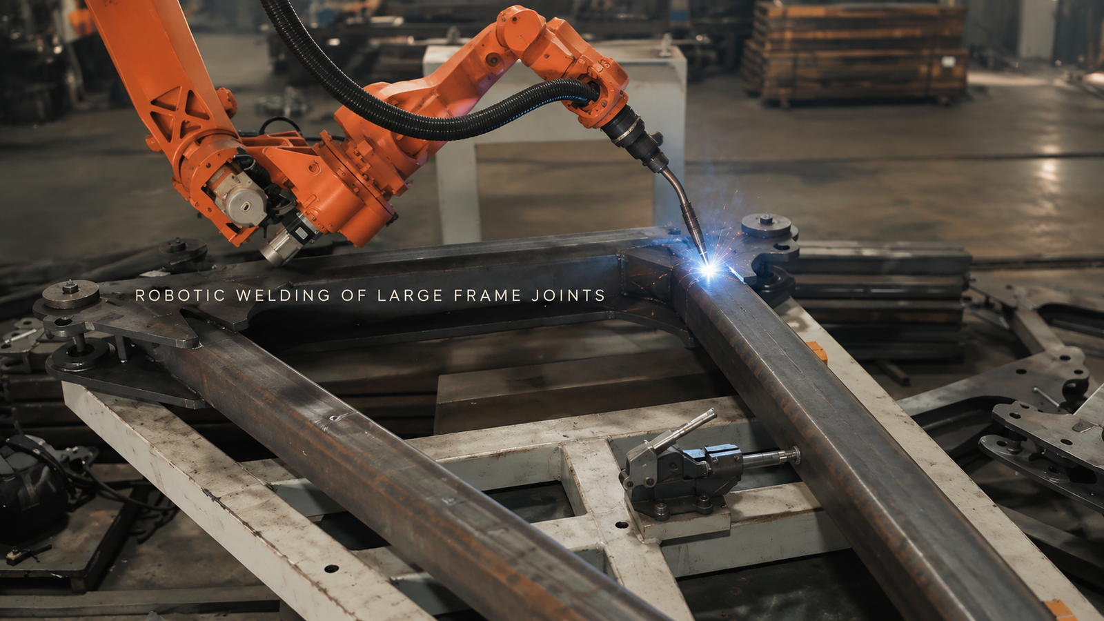 An orange robot welds a joint on a large tubular frame held in a steel fixture.