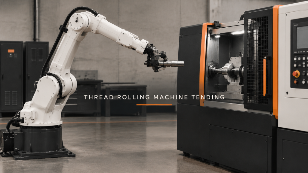 Editorial industrial automation illustration for Thread Rolling Machine Tending: Align the Handoff