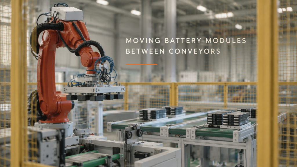 Editorial industrial automation illustration for Battery Module Handling: One Robot Between a Conveyor and a Station