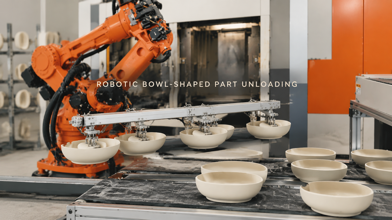 Editorial industrial automation illustration for Robotic Bowl-Shaped Part Unloading: How Do You Protect Edges During Withdrawal?