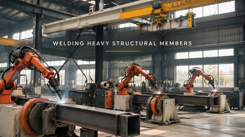 Editorial industrial automation illustration for Welding Large Steel Structures: Multiple Robots, Multiple Stations