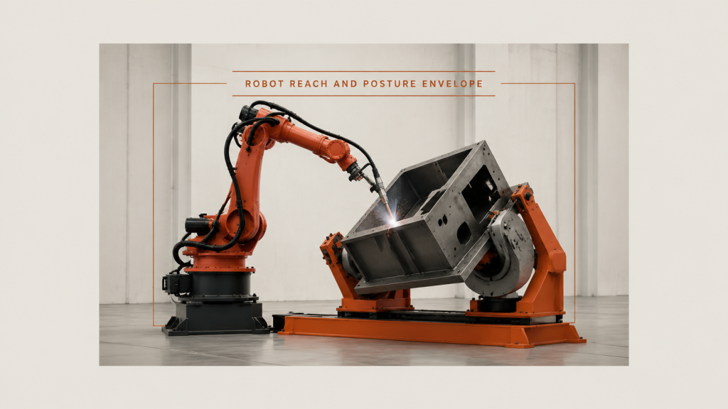Editorial industrial automation illustration for Reach Is a Set of Postures, Not a Distance