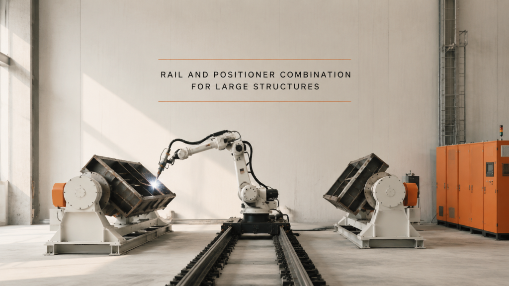 Editorial industrial automation illustration for Rail, Positioner, or Both: Large Structure Welding