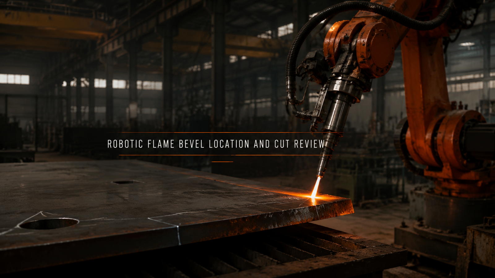 An industrial robot locating a steel plate edge before following it with a flame cutting torch