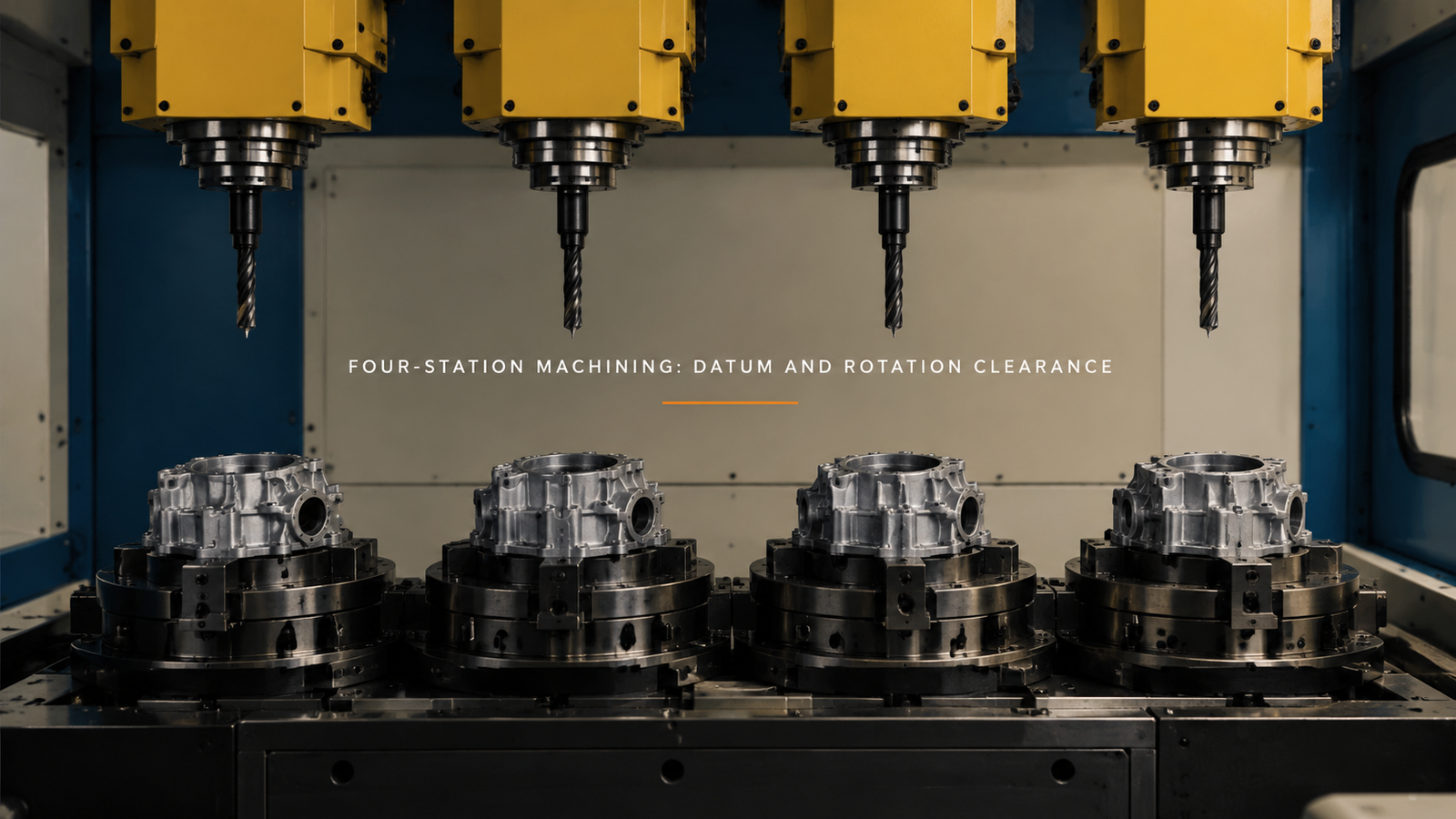 Editorial industrial automation illustration for Four-Station Machining: Datum and Rotation Clearance
