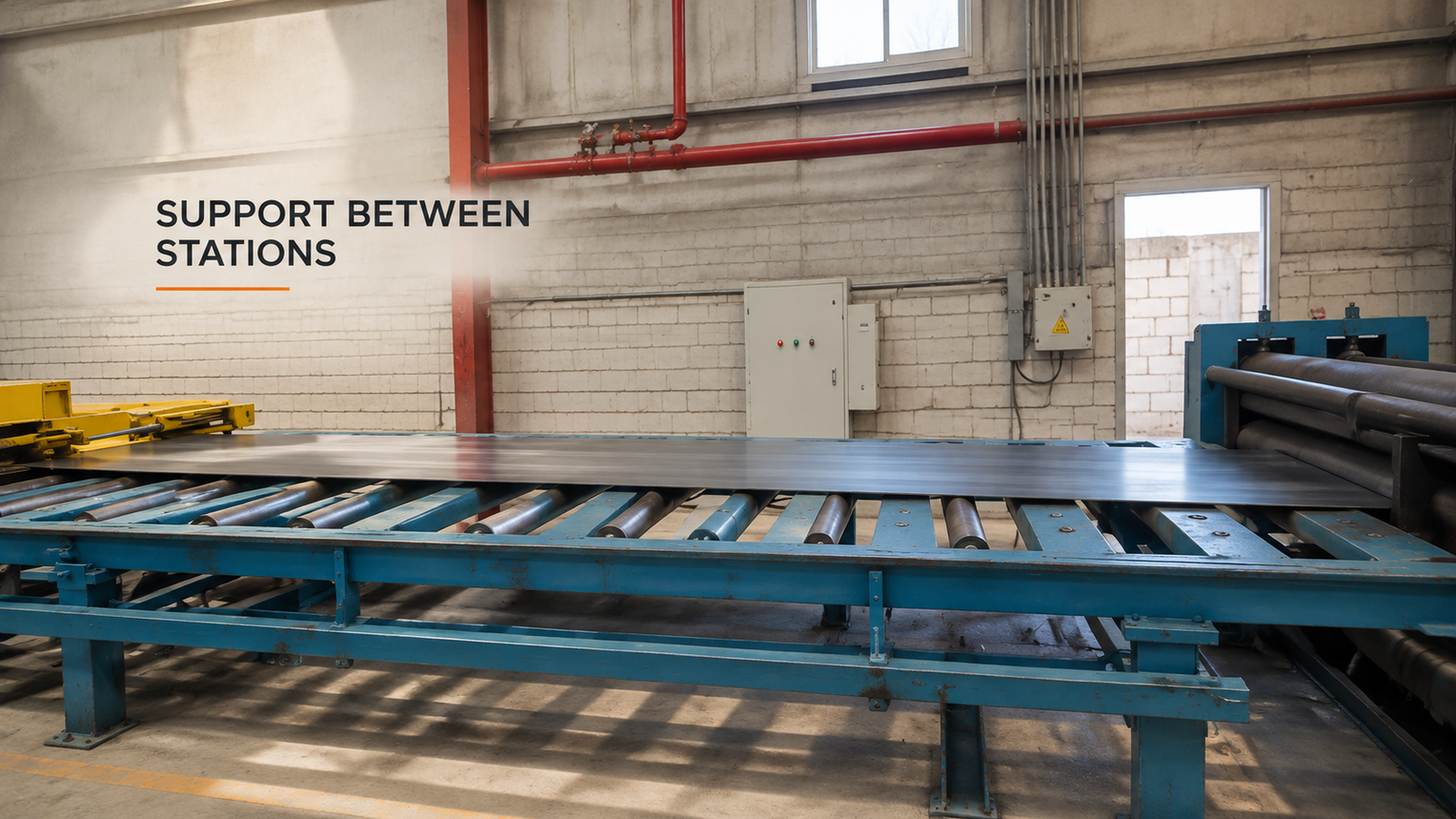 Editorial industrial automation illustration for Support Between Stations: Plan Long-Sheet Feeding