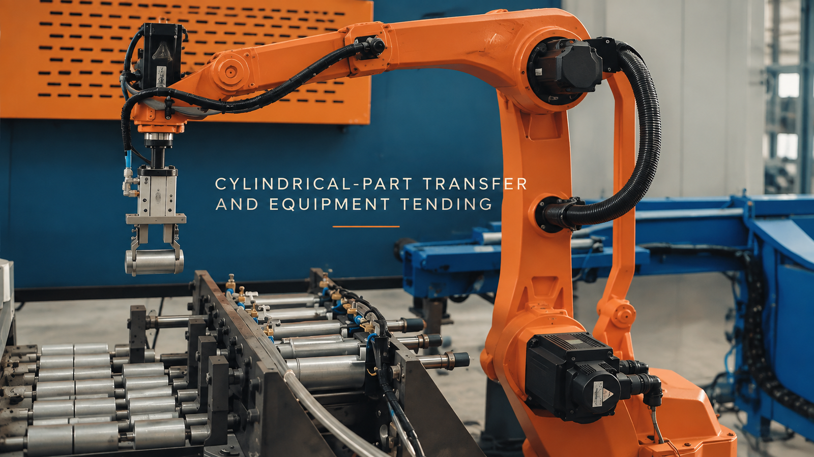 An orange robot grips a short cylindrical part beside a roller feed and blue enclosed equipment.