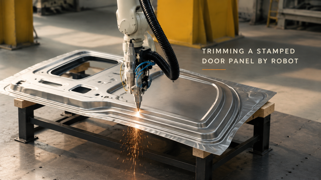 Editorial industrial automation illustration for Laser Trimming a Stamped Car Door Panel: One Robot, a Cutting Head and a Stand