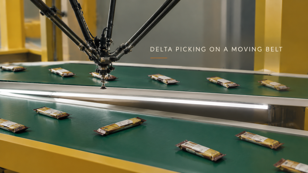 Editorial industrial automation illustration for Delta Robot Picking Off a Moving Belt: Loose In, In Line Out