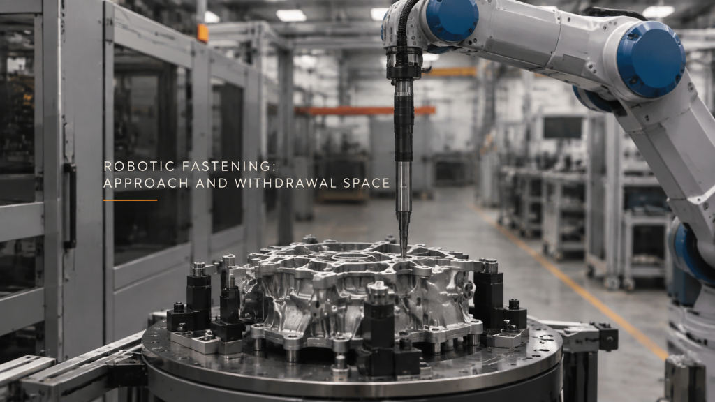 Editorial industrial automation illustration for Robotic Fastening: Approach and Withdrawal Space