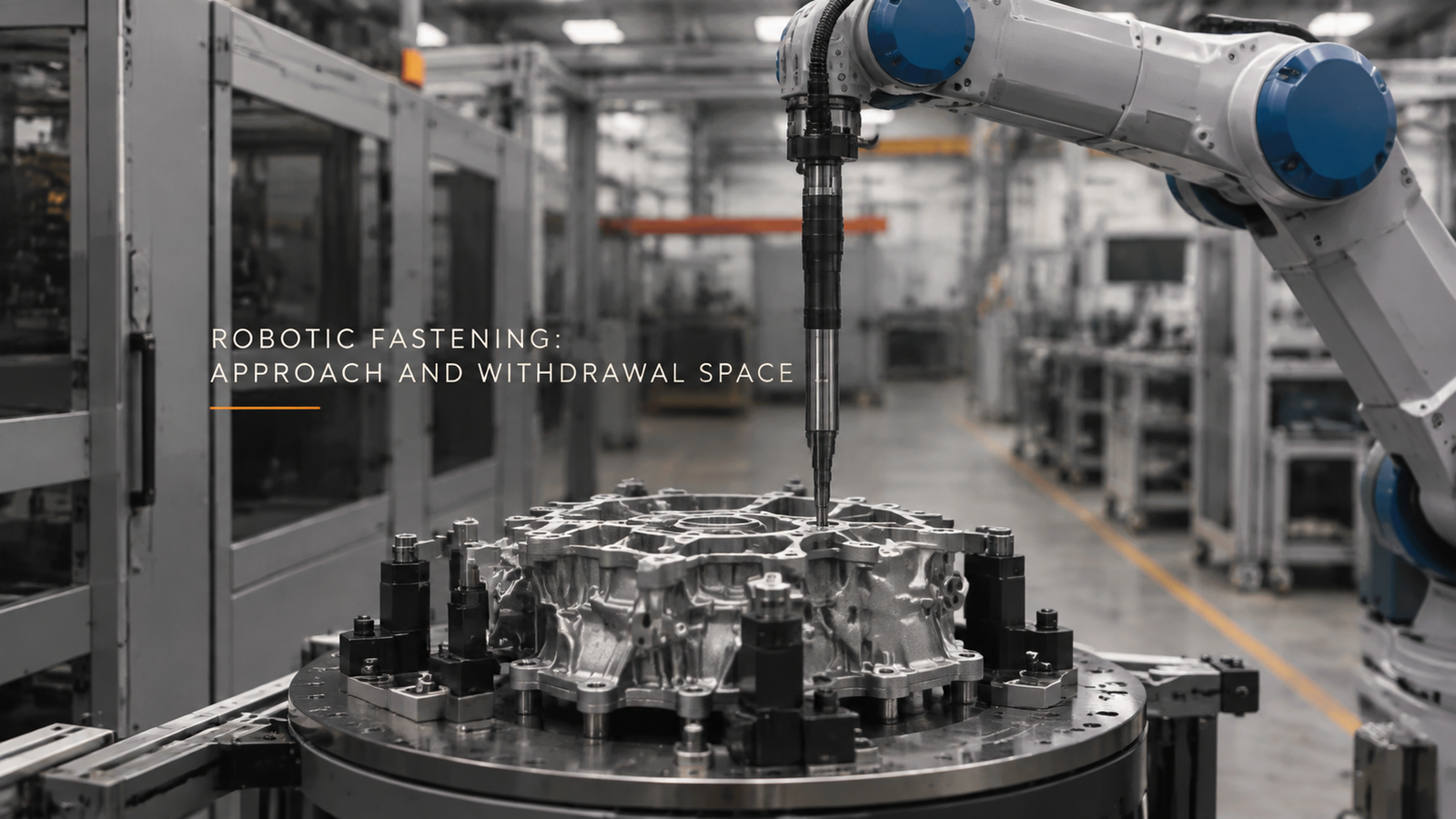 Editorial industrial automation illustration for Robotic Fastening: Approach and Withdrawal Space