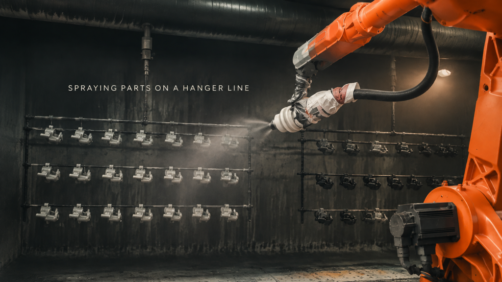 Editorial industrial automation illustration for Painting Motorcycle Brake Parts: One Robot on the Hanger Line