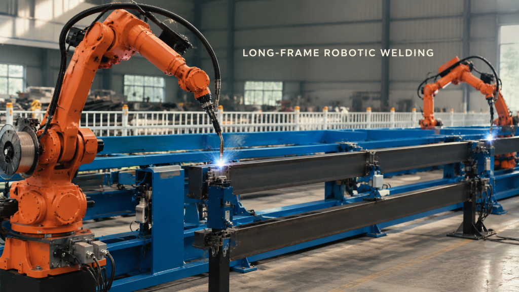 Editorial industrial automation illustration for Long-Frame Robotic Welding: Which Joint Should Drive the Cell Layout?