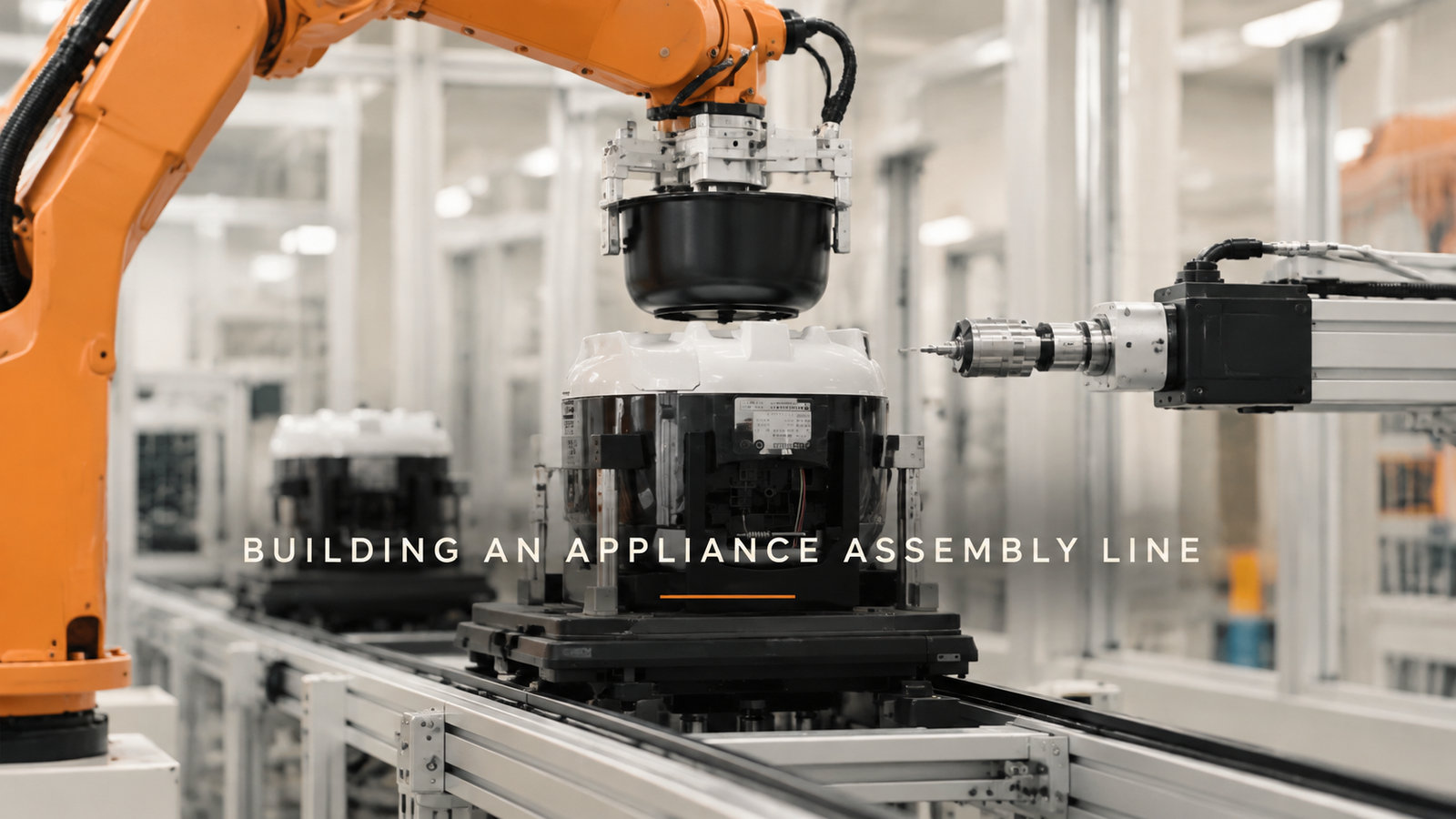 Editorial industrial automation illustration for Appliance Assembly Line: One Pallet, One Station at a Time