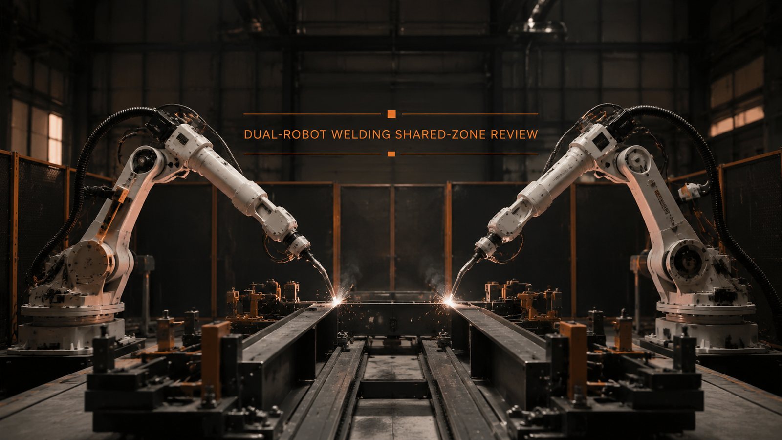 Two industrial welding robots working from opposite sides of one long member with a controlled shared zone