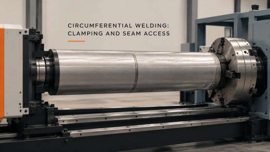 Editorial industrial automation illustration for Circumferential Welding: Clamping and Seam Access