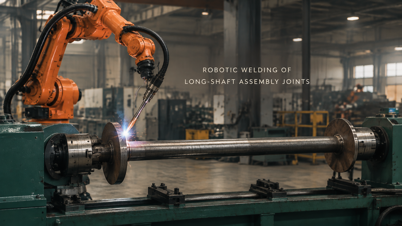 An orange robot welds a circular joint on a long shaft assembly held by green end supports.