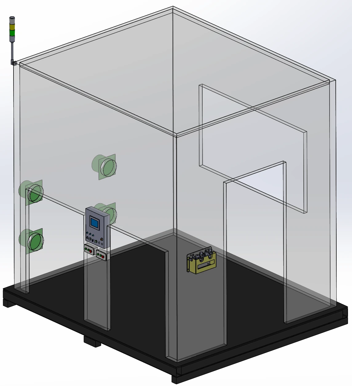Enclosure layout with extraction connections, a viewing window and controls