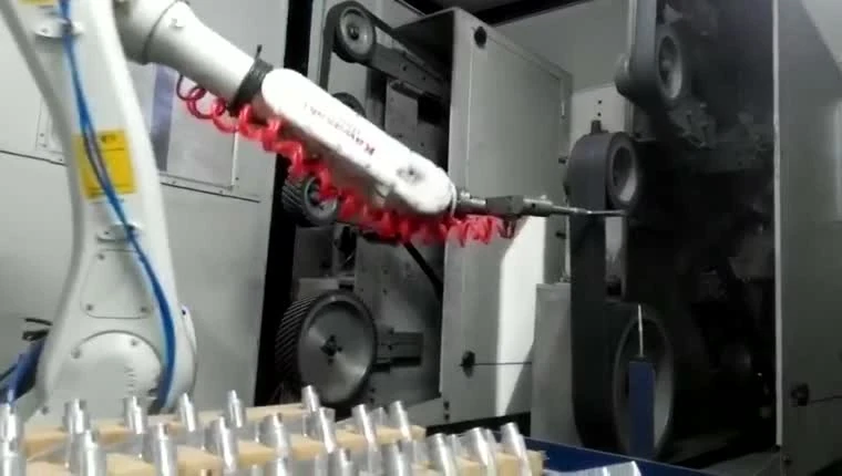 Robot-held small hardware beside fixed belt stations and a loaded tray