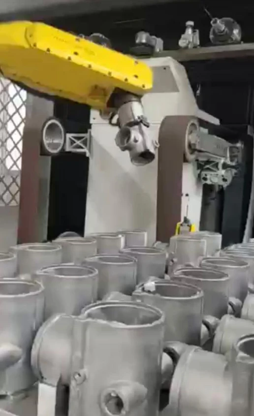 Valve bodies beside a robot and fixed finishing equipment