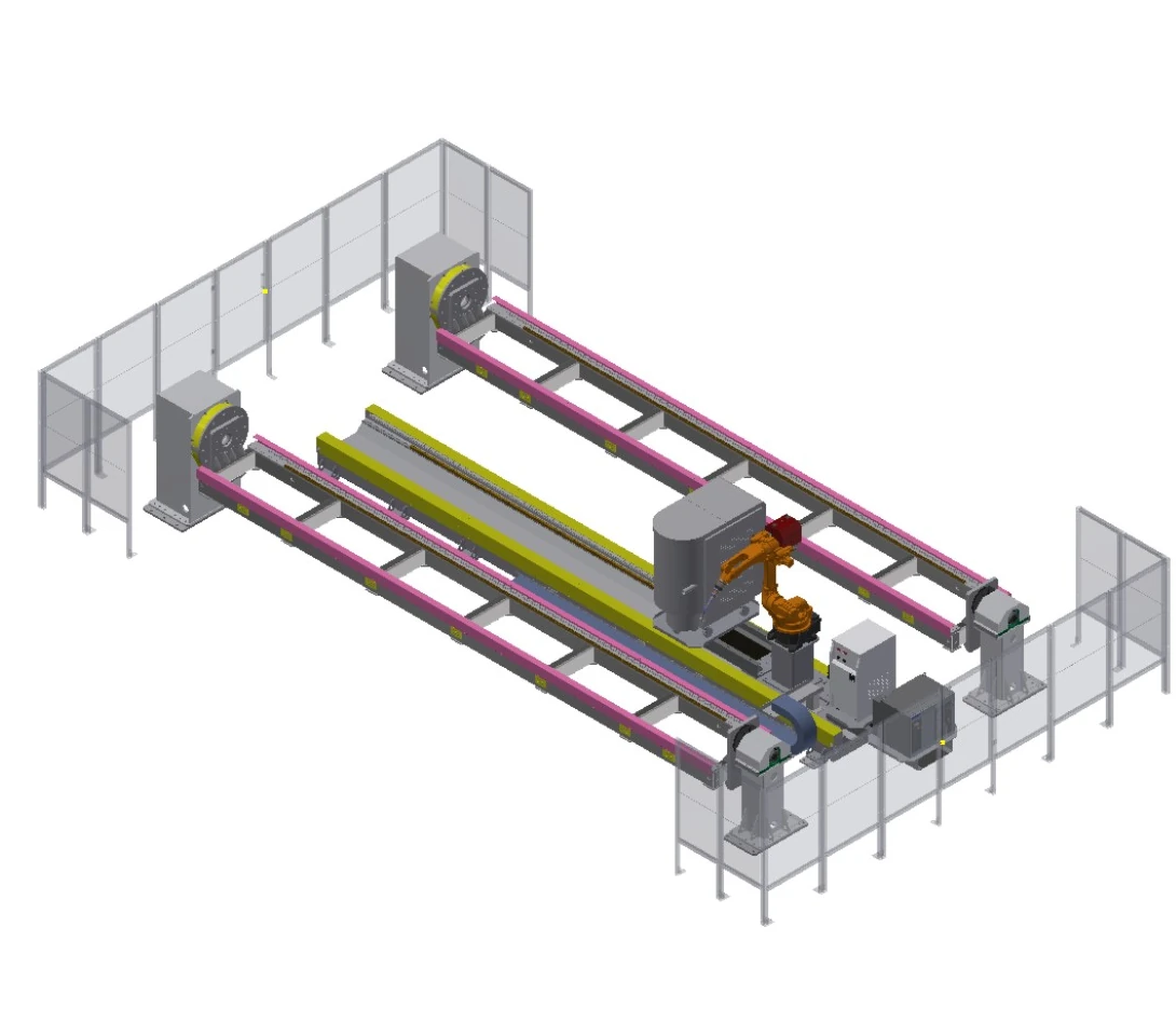 Long-workpiece travel-axis workstation configuration rendering