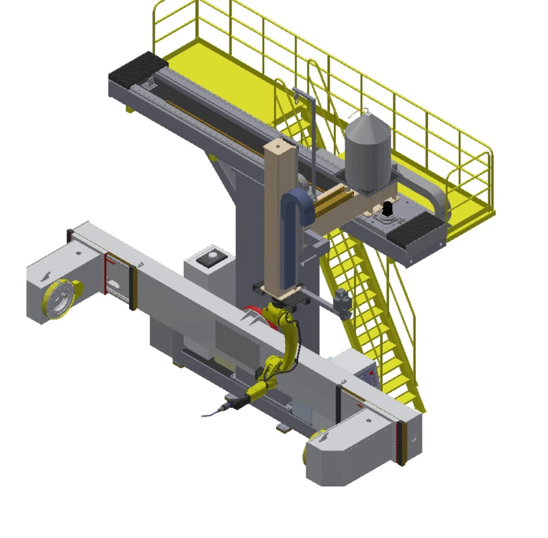 T-shaped overhead carriage workstation configuration rendering