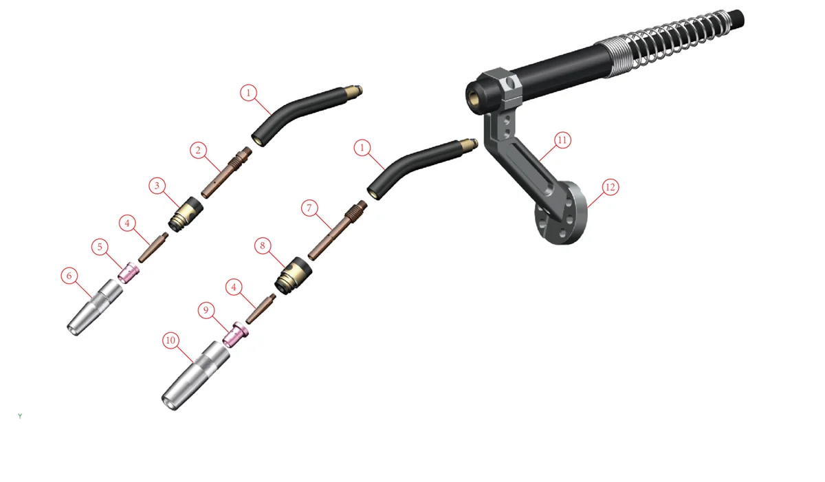 Exploded view of an air-cooled robotic MIG torch for external mounting, showing neck, contact tips, tip holders, nozzles and mounting bracket