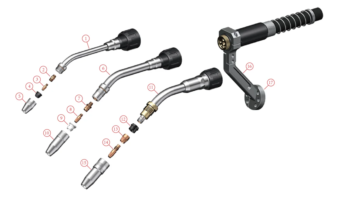 Exploded view of a water-cooled robotic MIG torch for external mounting with its consumables and bracket