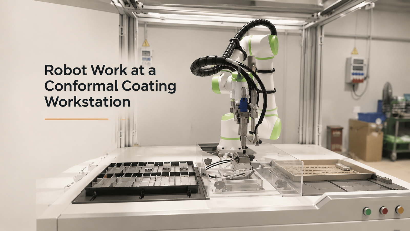 Editorial industrial automation illustration for Robot Work at a Conformal Coating Workstation: Define the Interface Before the Process