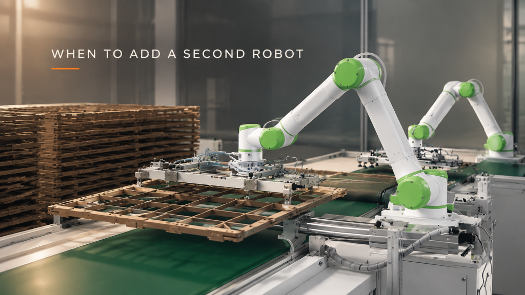 Editorial industrial automation illustration for Tray Handling Automation: When Is a Second Robot Worth Adding?