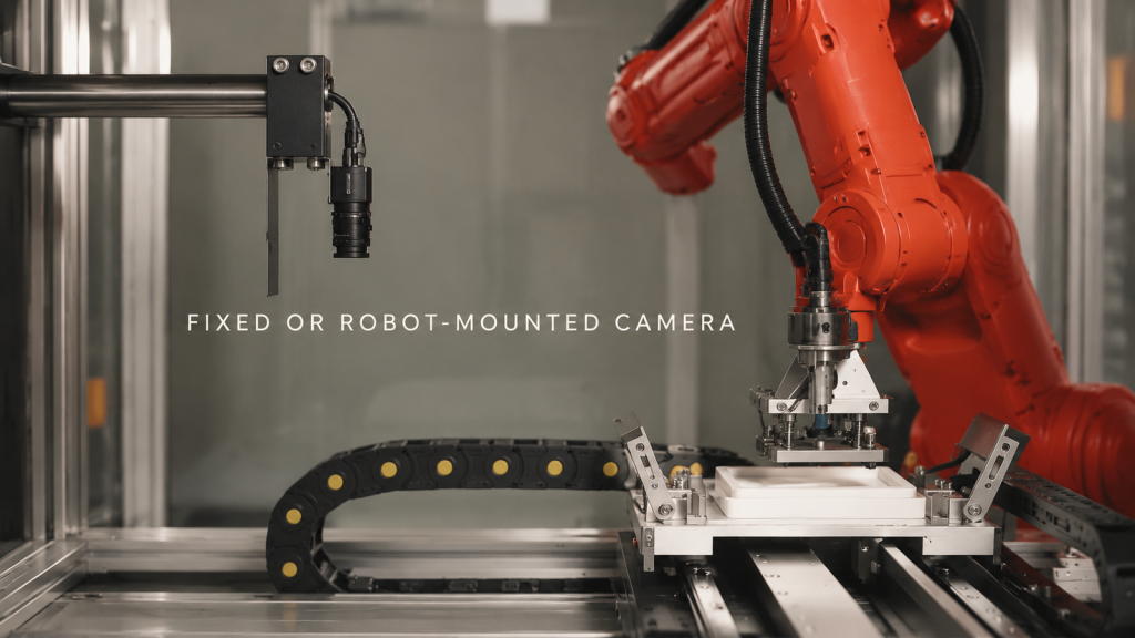 Editorial industrial automation illustration for Fixed Camera or Robot-Mounted Camera: Choose the Part View First