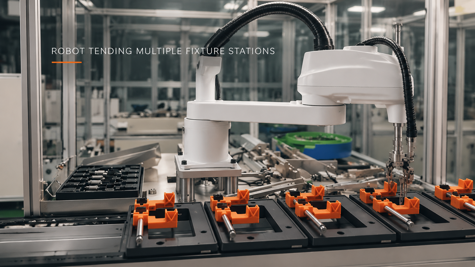 Editorial industrial automation illustration for SCARA Part Transfer Across Multiple Fixture Stations
