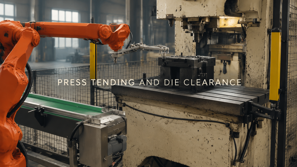 Editorial industrial automation illustration for Robot Tending a Press: Check the Die Handoff Before Programming