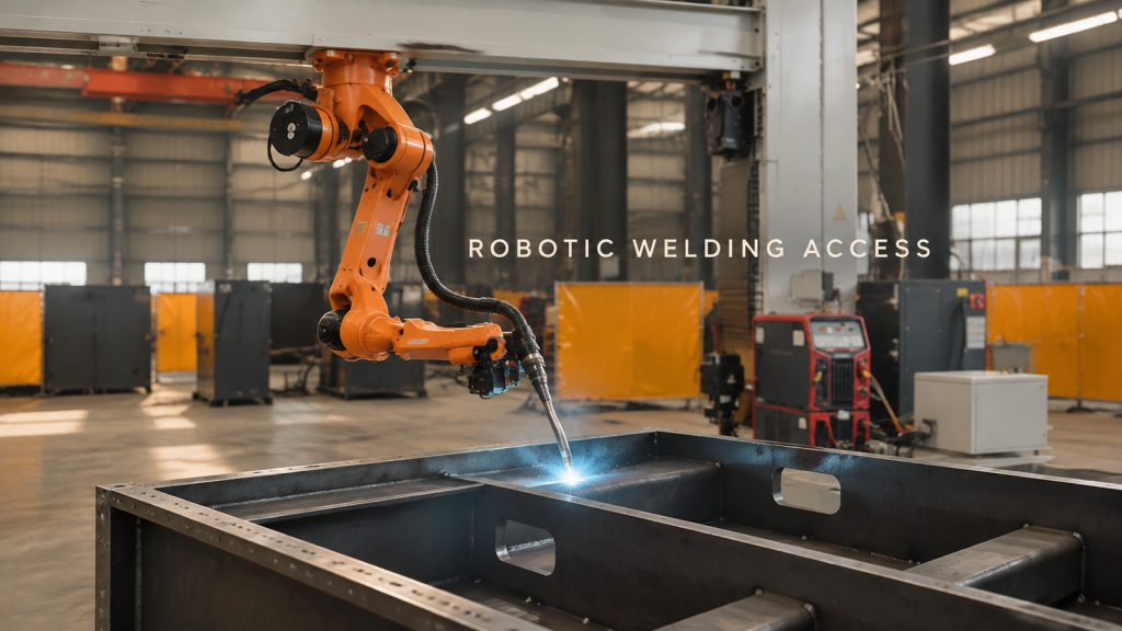Redactionele illustratie van industriële automatisering voor robotlassen van een geribbeld, doosvormig werkstuk.