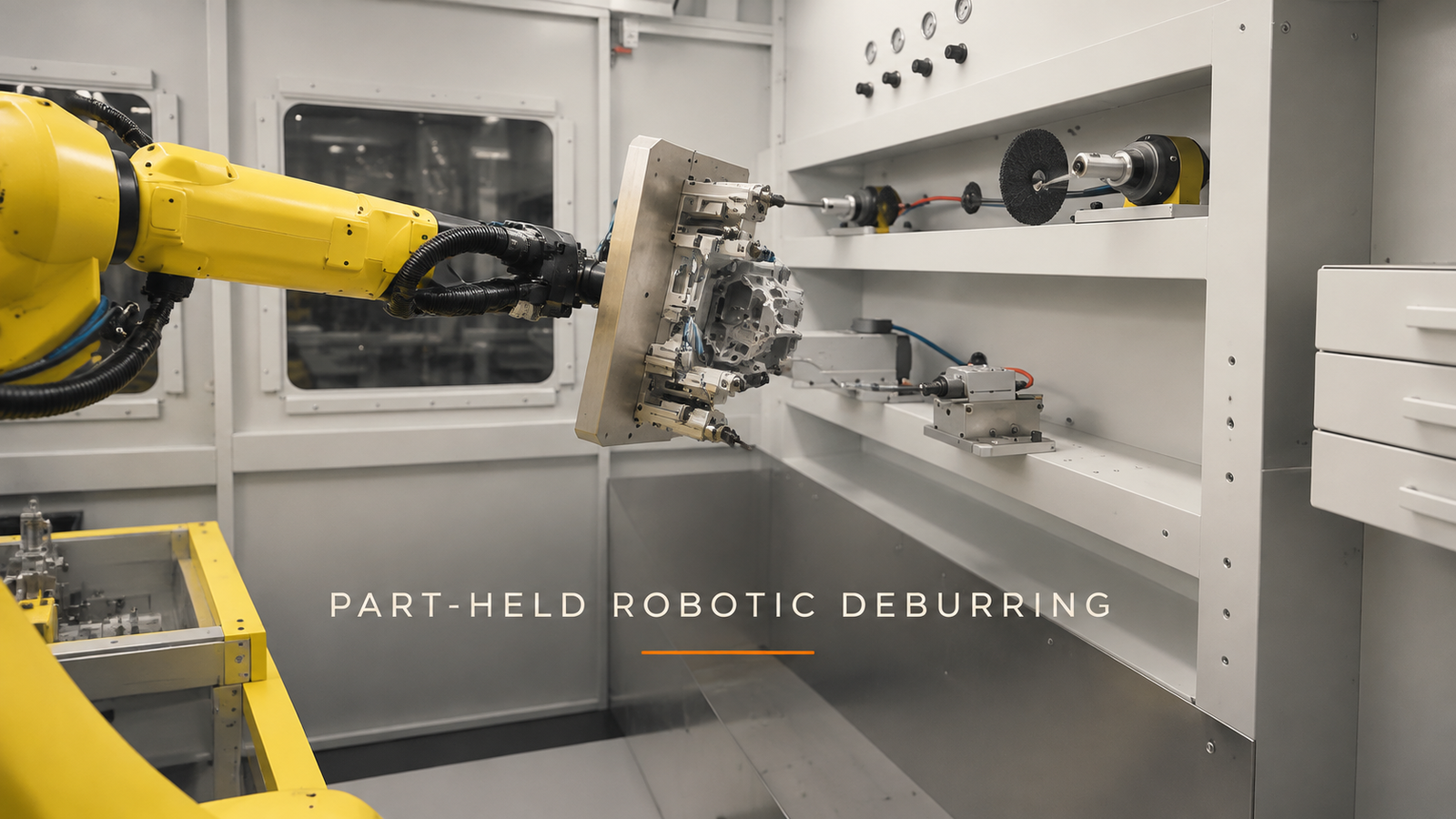 An industrial robot holds a complex metal part against stationary tooling inside an enclosed deburring cell.
