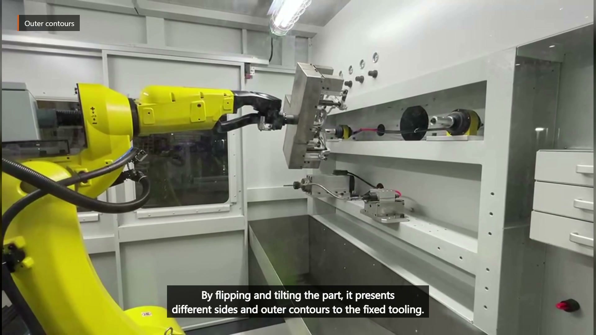 Robot presenting one outer edge of the held part to fixed rotary tooling