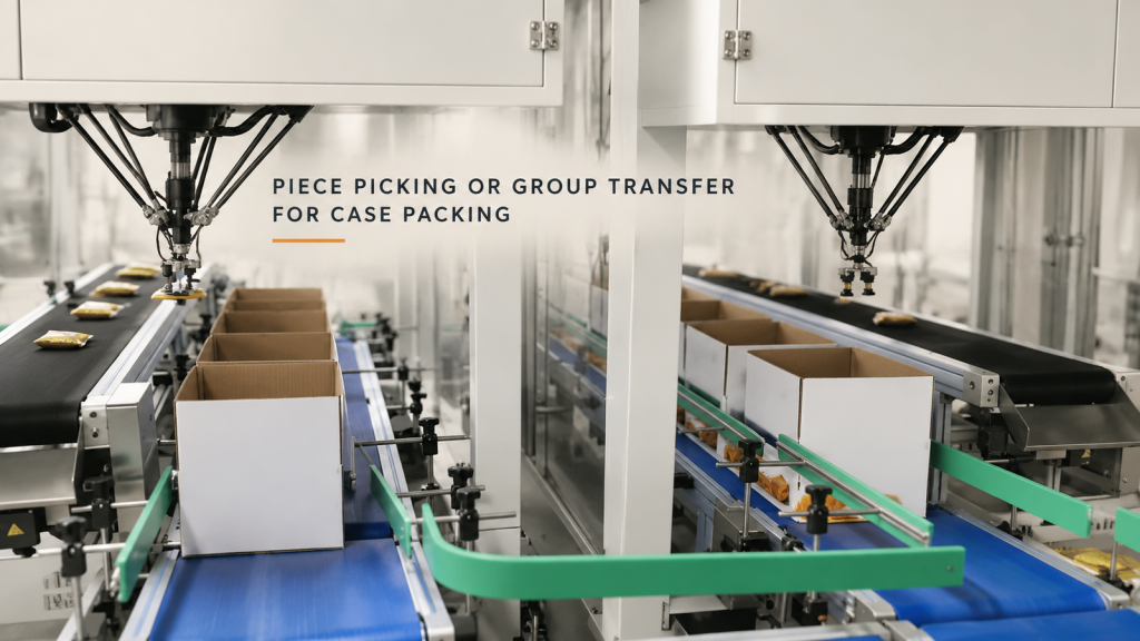 Editorial industrial automation illustration for Piece Picking or Group Transfer for Case Packing