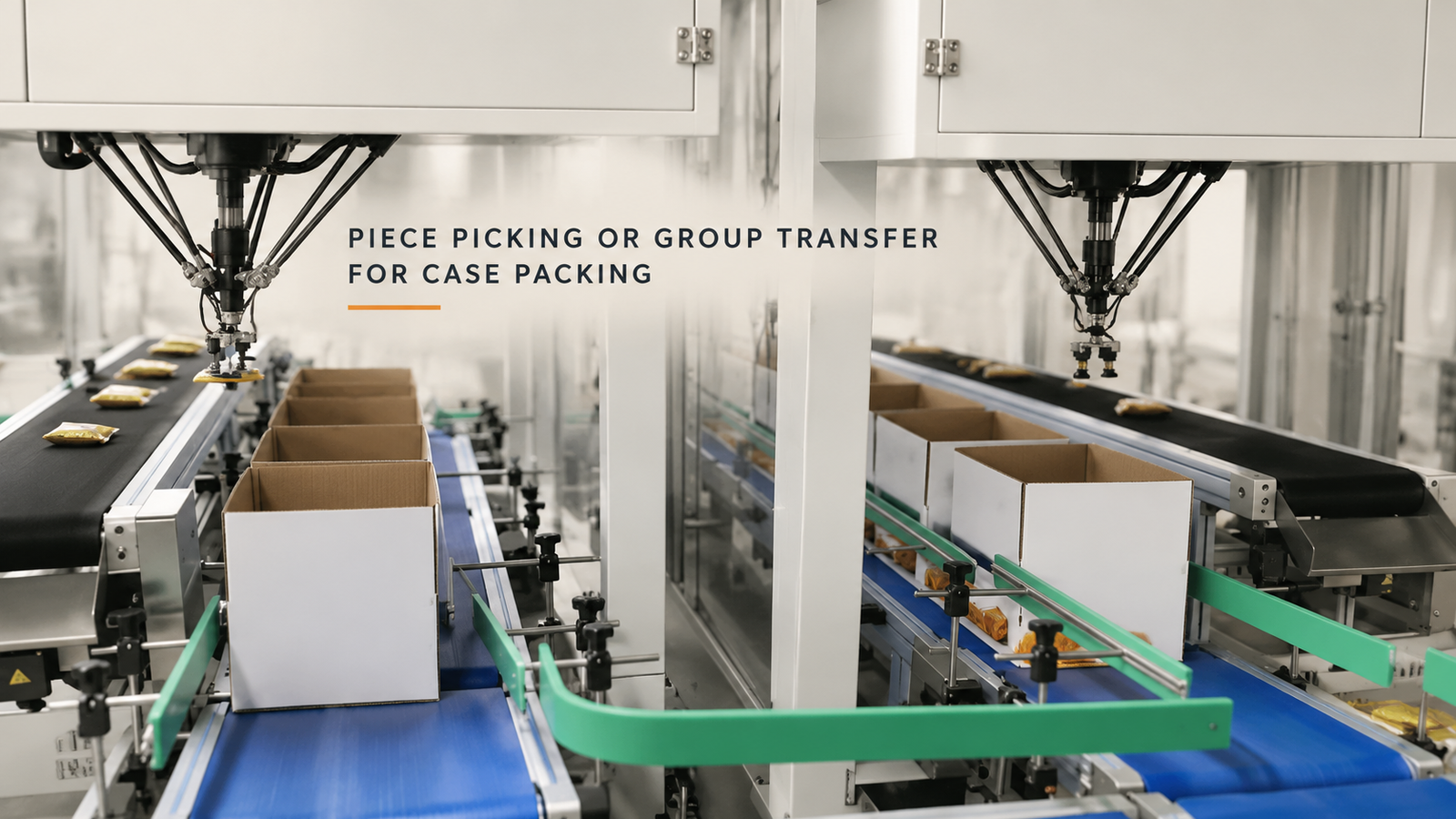 Editorial industrial automation illustration for Piece Picking or Group Transfer for Case Packing
