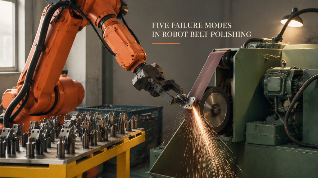 Editorial industrial automation illustration for Robot Belt Polishing of Car Door Hinges: Five Failure Modes to Test Before You Buy