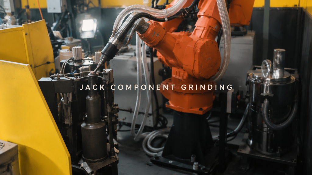 Editorial industrial automation illustration for Robot Grinding for Jack Components: Rotary Fixture and Tool Access