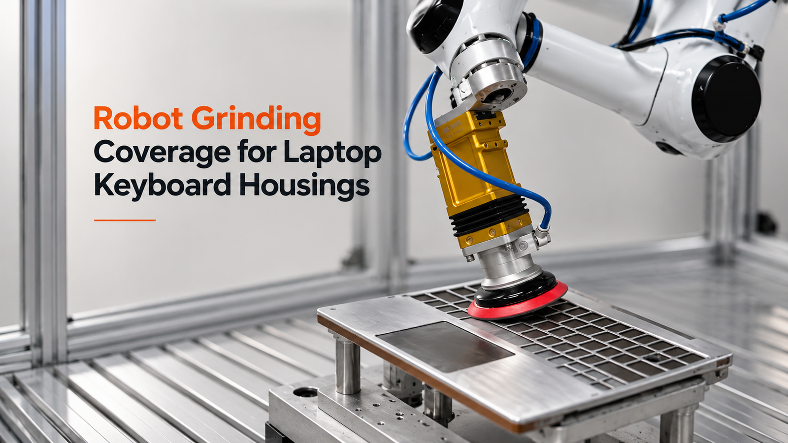 Editorial industrial automation illustration for Robot Grinding Coverage for Laptop Keyboard Housings