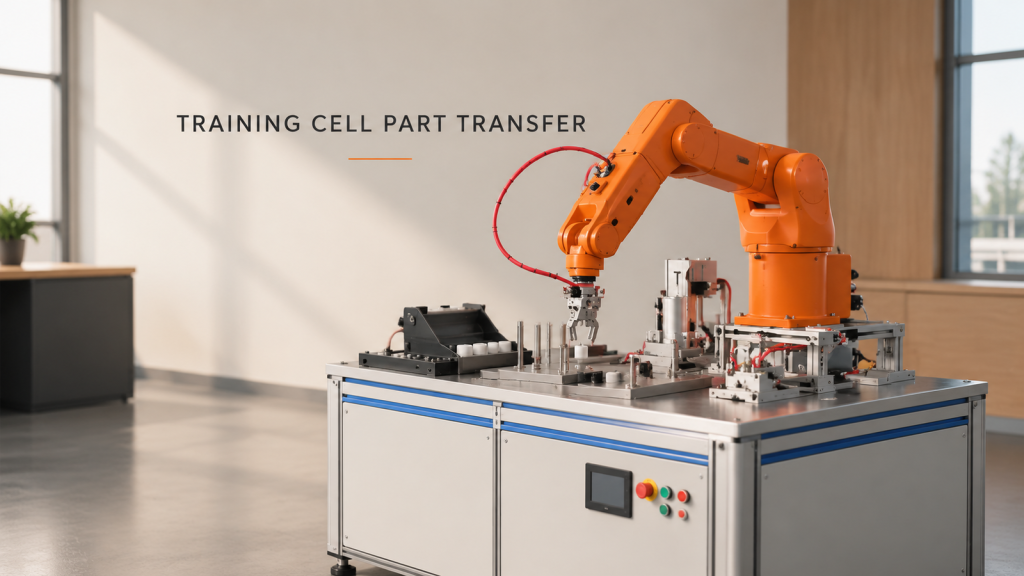 Editorial industrial automation illustration for Robot Transfer in a Training Cell: Define the Handoffs Before Programming
