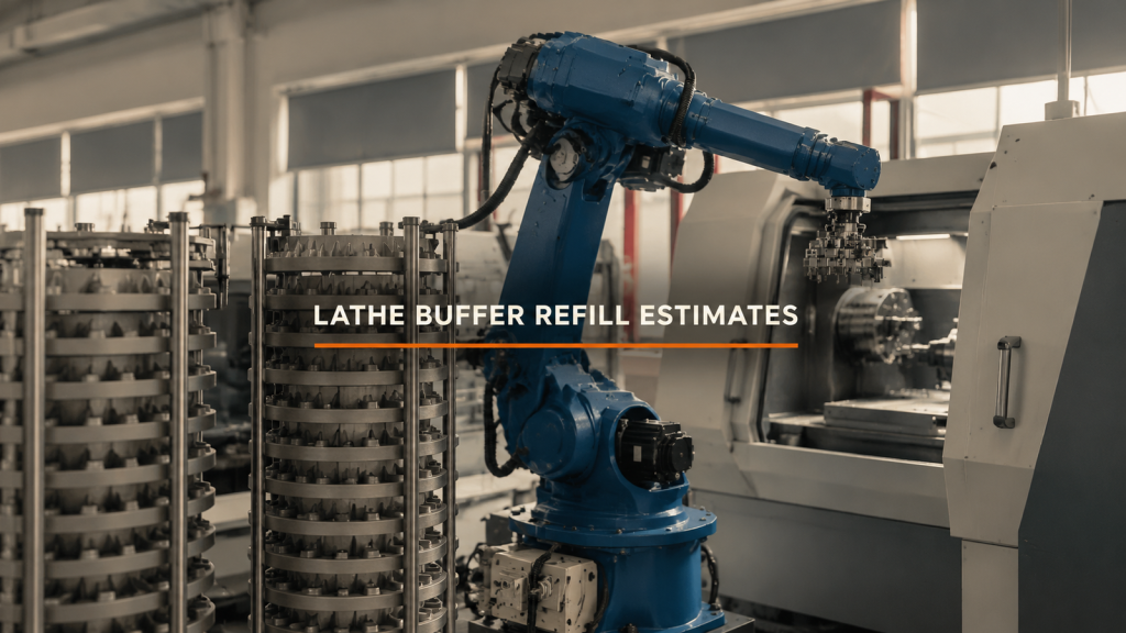Editorial industrial automation illustration for How Long Can a Lathe-Tending Buffer Run Before Refill?