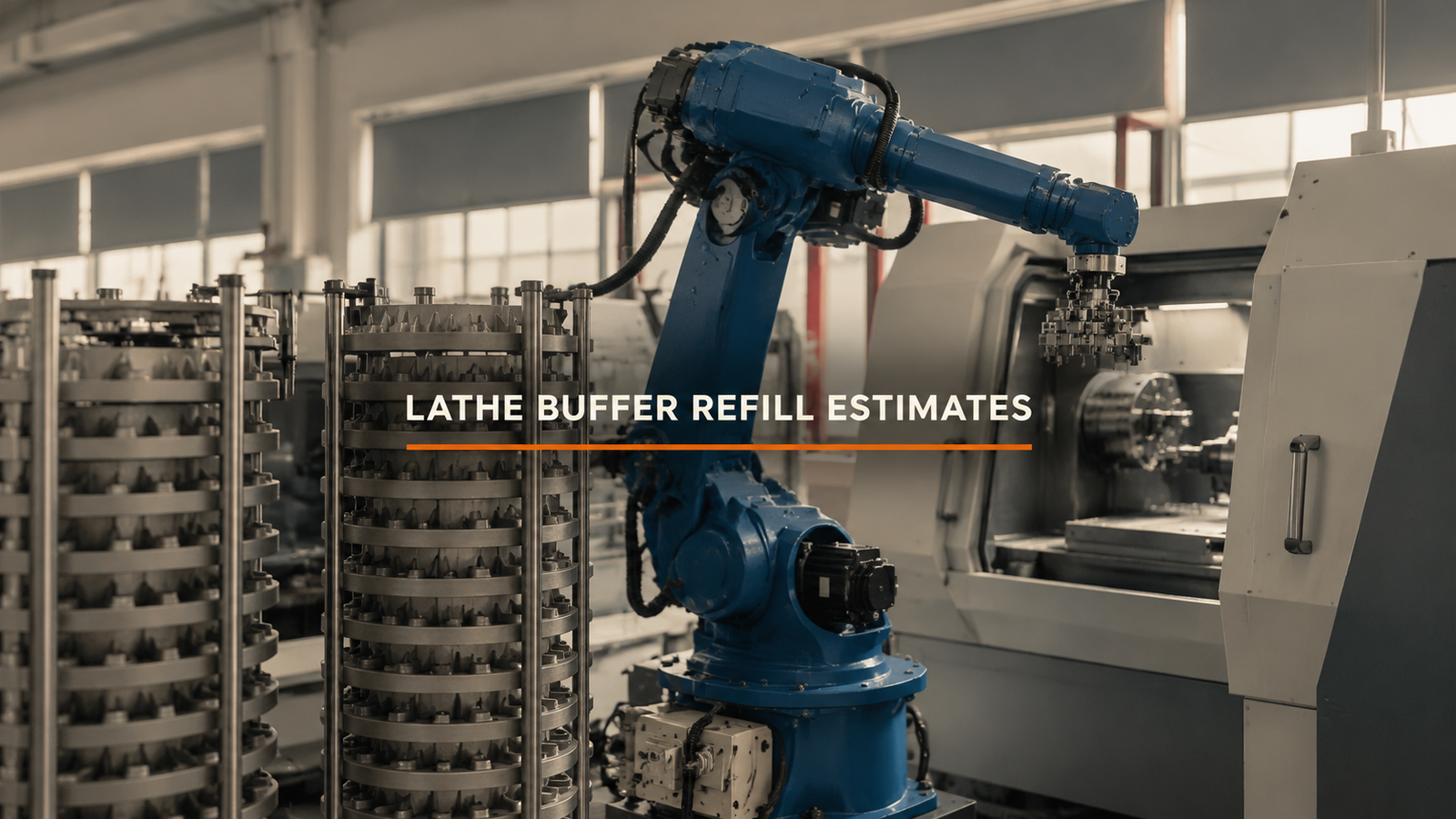 Editorial industrial automation illustration for How Long Can a Lathe-Tending Buffer Run Before Refill?