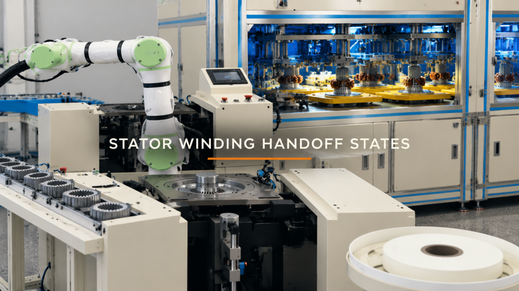 Editorial industrial automation illustration for Robot Tending for Motor Stator Windings: Define the Handoff State