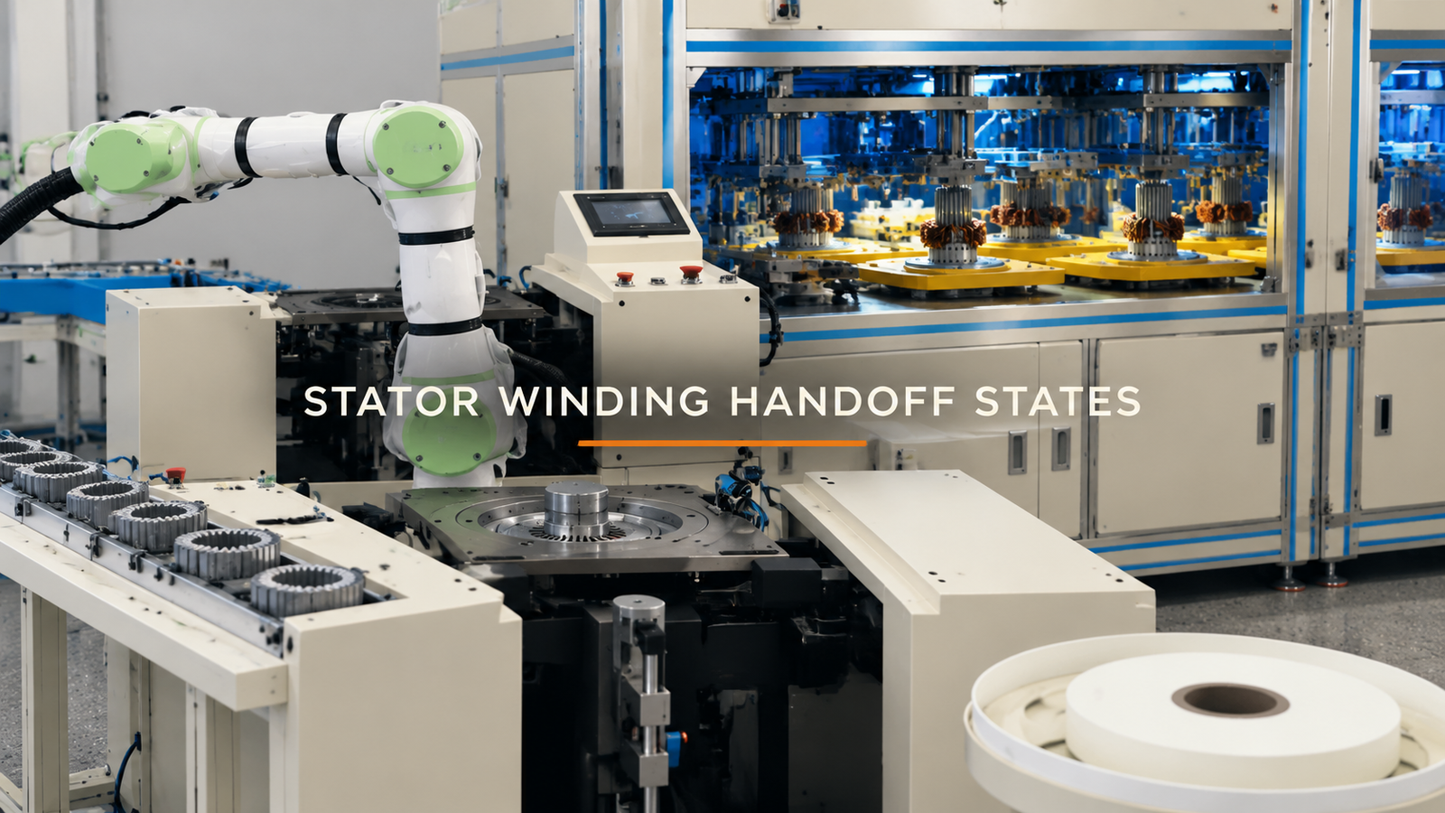 Editorial industrial automation illustration for Robot Tending for Motor Stator Windings: Define the Handoff State