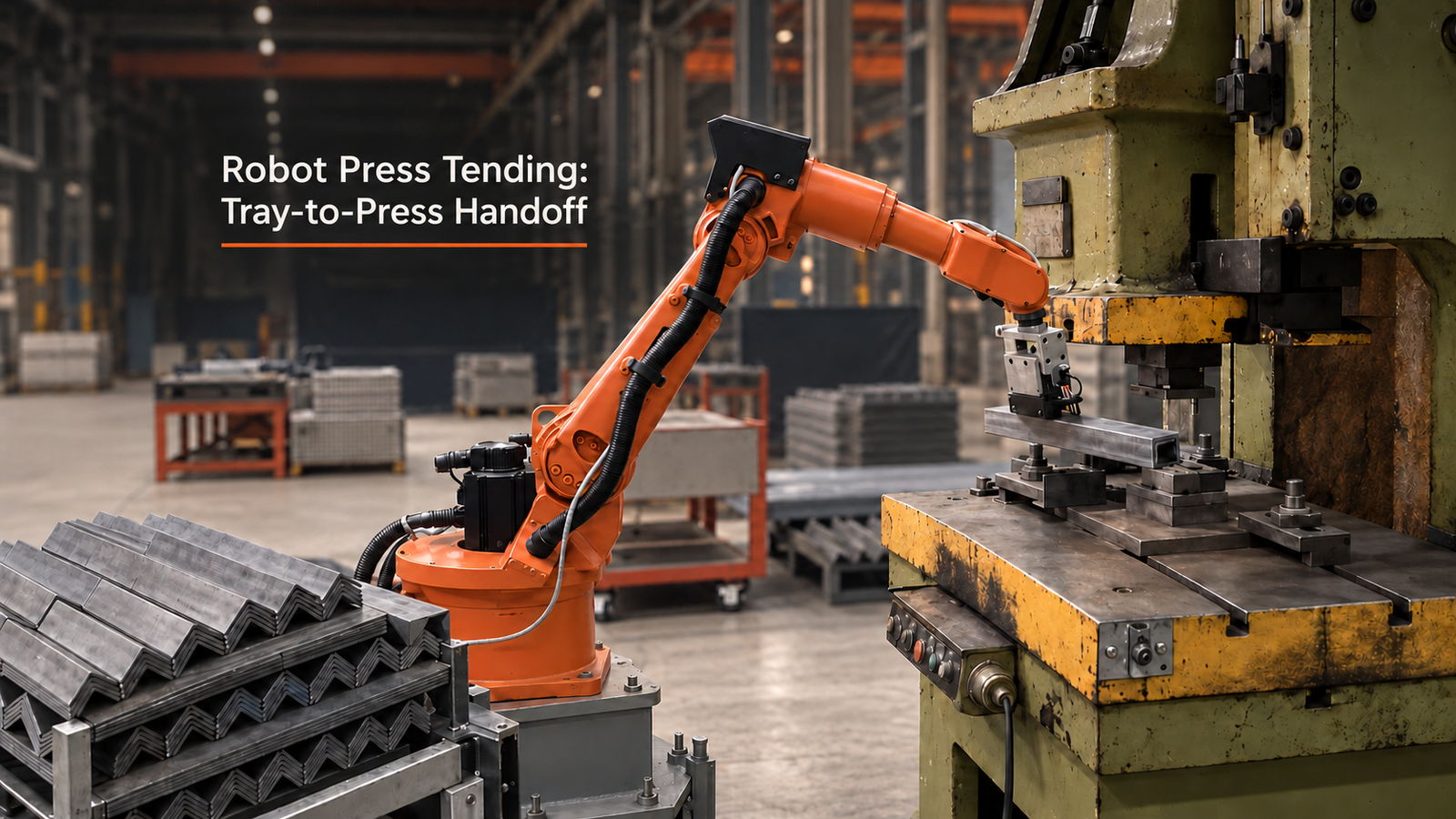 Editorial industrial automation illustration for Robot Press Tending Between Trays and a Press Worktable