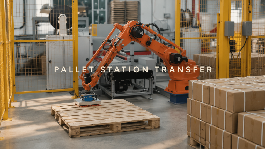 Editorial industrial automation illustration for Robot Transfer at a Pallet Station: Vacuum Tooling and Handoff Checks
