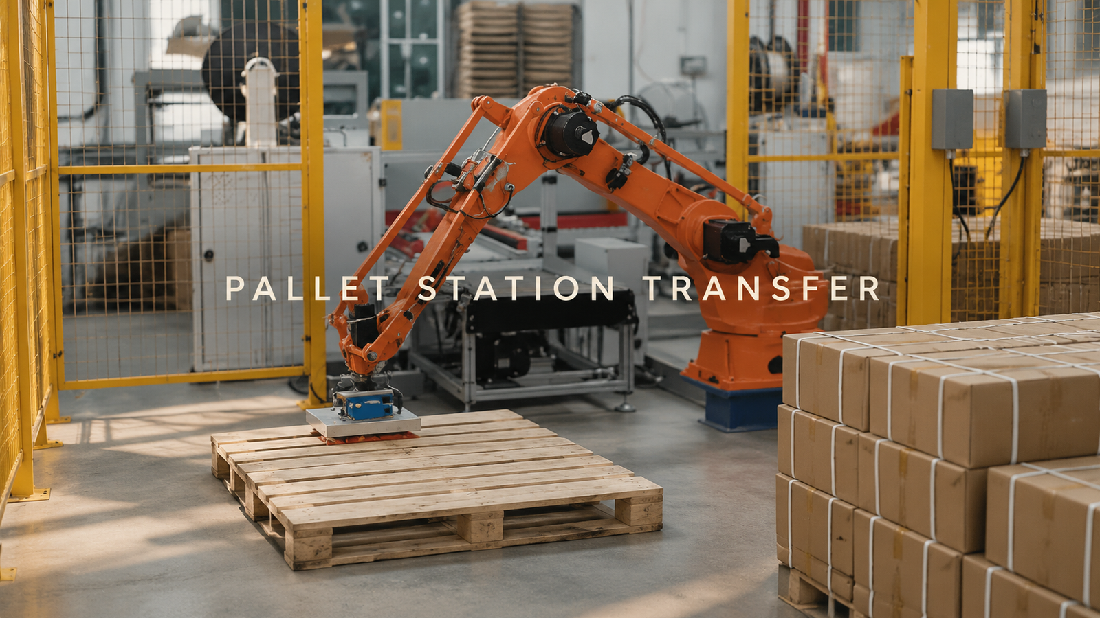 Editorial industrial automation illustration for Robot Transfer at a Pallet Station: Vacuum Tooling and Handoff Checks