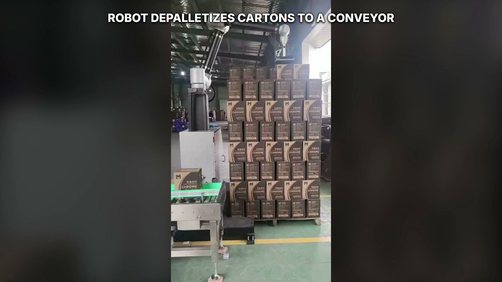 One carton rests on the green conveyor while the empty robot tool is above the stack.
